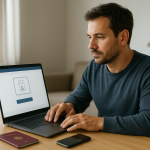 Adult checking an online identity verification page on a laptop, with a passport and