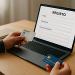 An adult reviews a generic betting-site registration form on a laptop, with an identity