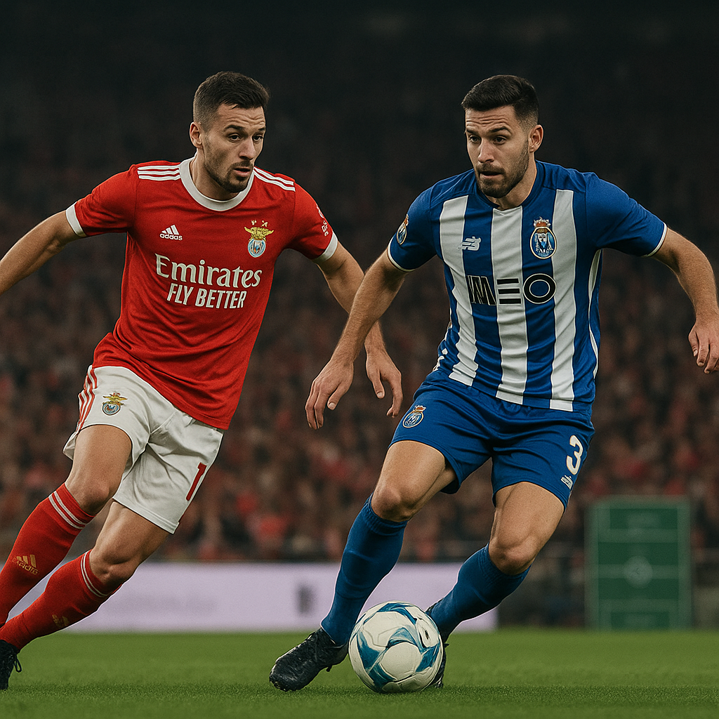 Benfica and Porto players contest the ball during a match, with the stadium crowd