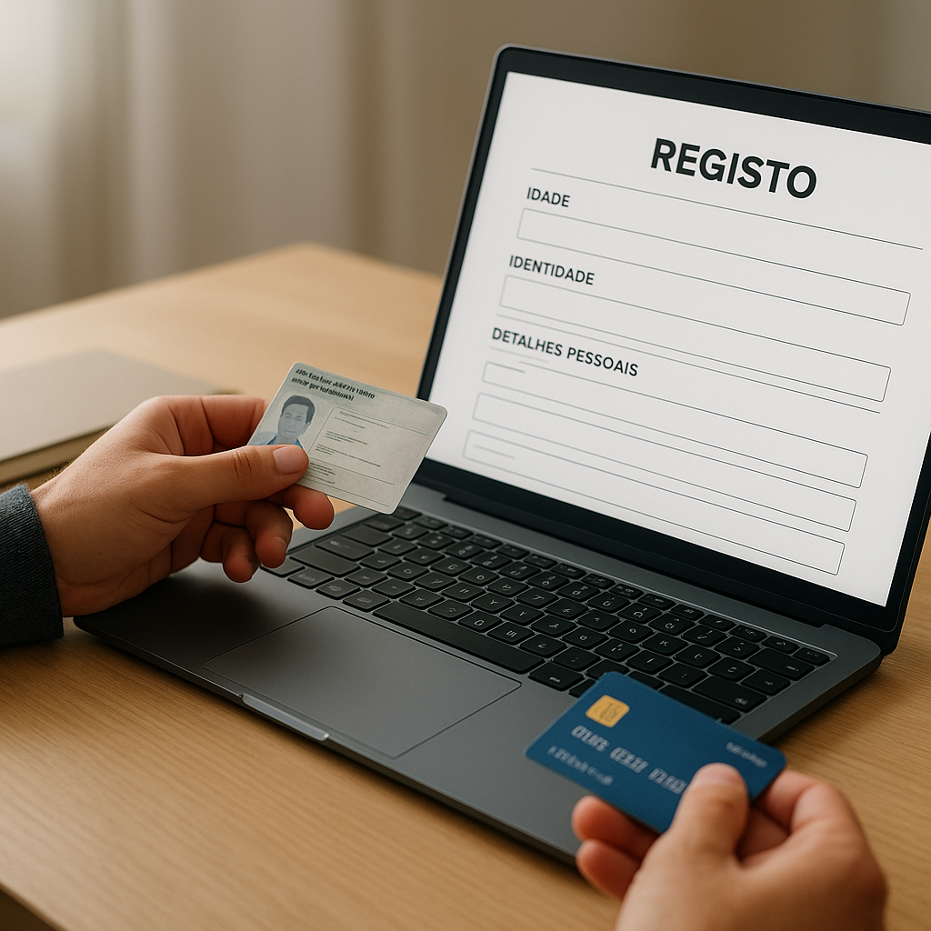 An adult reviews a generic betting-site registration form on a laptop, with an identity